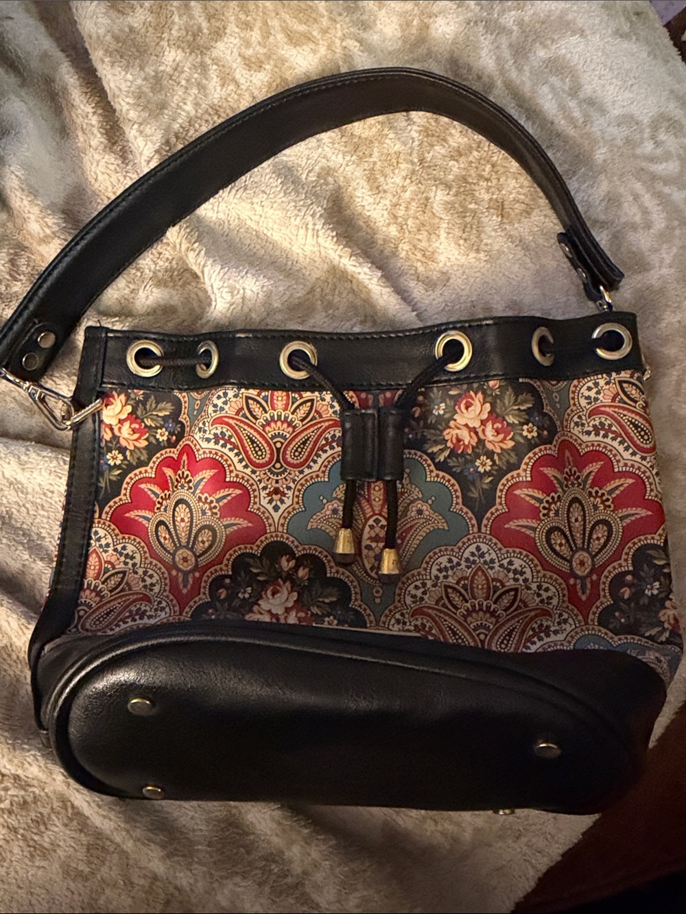 Esbeda Paisley Print Drawstring Bucket Bag Shoulder Purse Floral Black